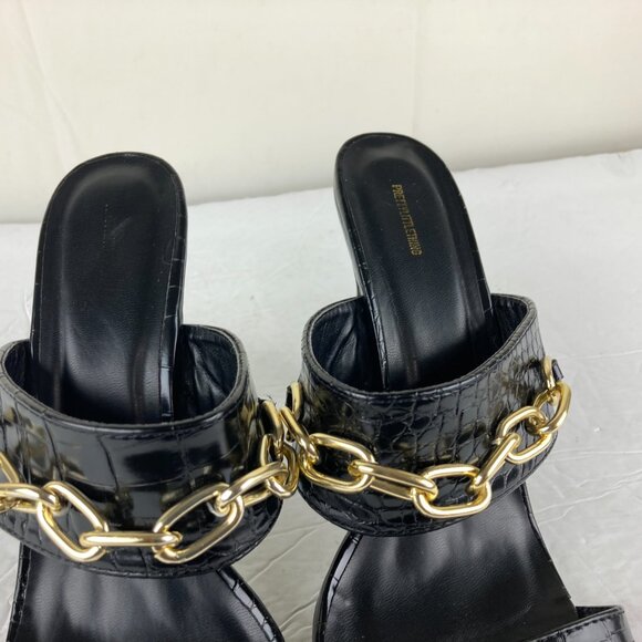 Pretty Little Thing Sz 8 Black Square Toe Slip On Heel Sandals Gold Chain Detail - Picture 3 of 9